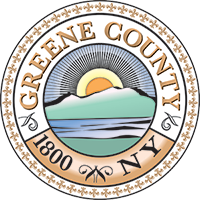 County Seal for Greene County New York, 1800, with an image of green mountains, blue water and rising sun.